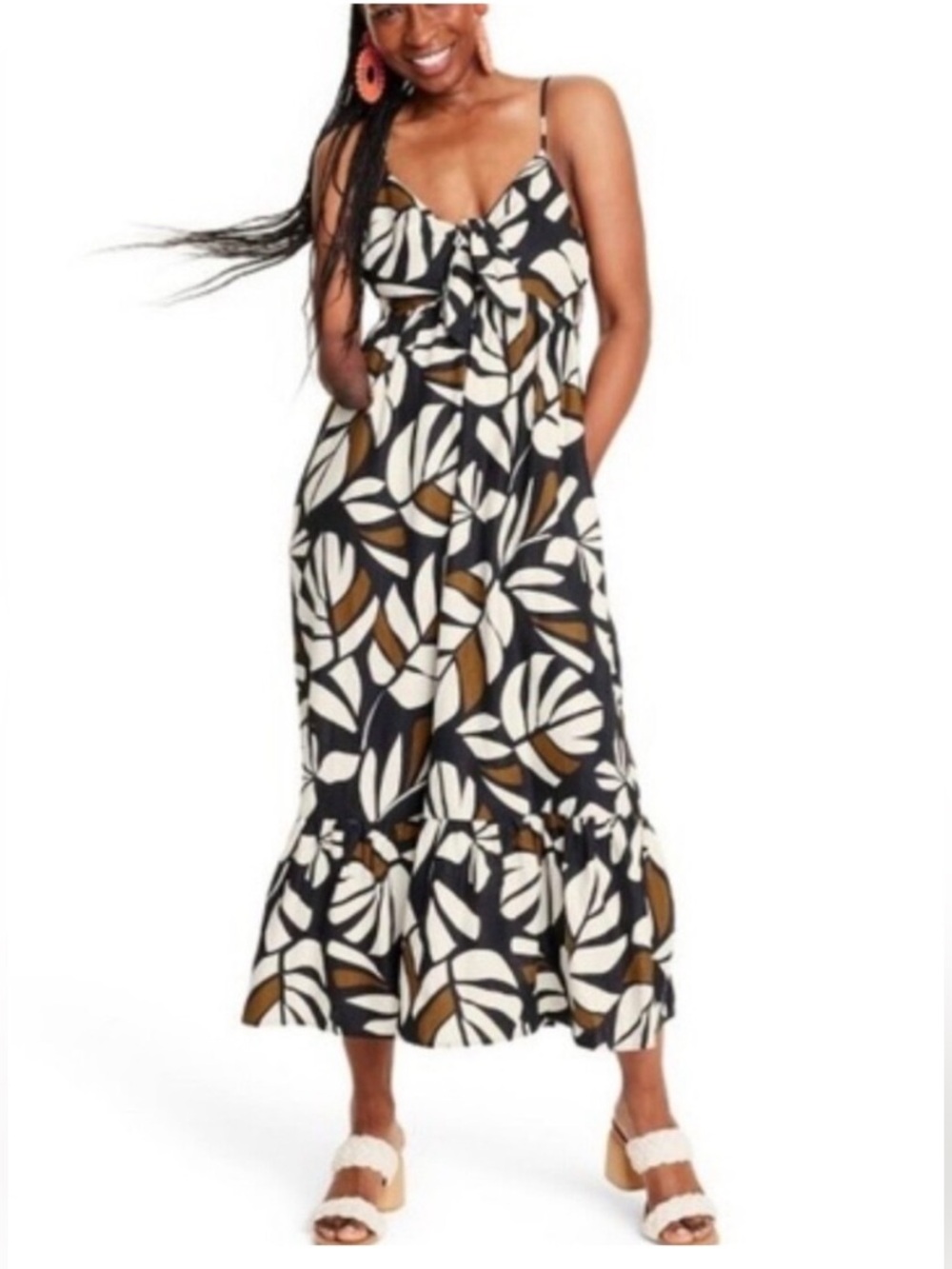 Tabitha Brown x Target Neutral Botanical Print Tie-Front Midi dress Size XL